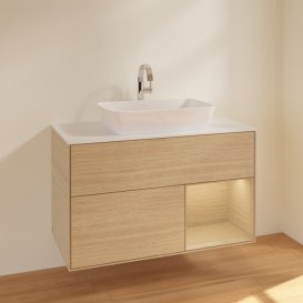 Тумба під раковину Villeroy & Boch Finion 100х50,1 см із підсвічуванням МДФ шпон дуба/скло біле матове F781PCPC