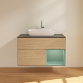 Тумба під раковину Villeroy & Boch Finion 100х50,1 см із підсвічуванням МДФ шпон дуба/скло чорне матове F782GMPC