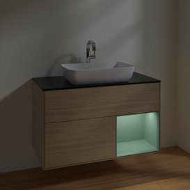 Тумба під раковину Villeroy & Boch Finion 100х50,1 см із підсвічуванням МДФ шпон дуба/скло чорне матове F782GMPC