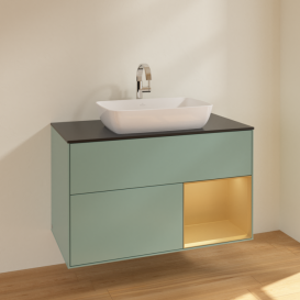 Тумба під раковину Villeroy & Boch Finion 100х50,1 см із підсвічуванням МДФ оливковий матовий лак/скло чорне матове F782HFGM