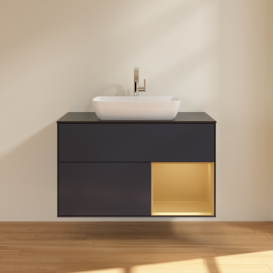 Тумба под раковину Villeroy & Boch Finion 100х50,1 см с подсветкой МДФ темно-синий матовый лак/стекло черное матовое F782HFHG