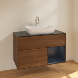 Тумба під раковину Villeroy & Boch Finion 100х50,1 см із підсвічуванням МДФ шпон волоського горіха/скло чорне матове F782HGGN