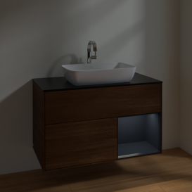 Тумба під раковину Villeroy & Boch Finion 100х50,1 см із підсвічуванням МДФ шпон волоського горіха/скло чорне матове F782HGGN