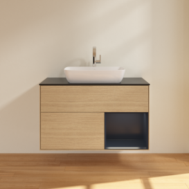 Тумба під раковину Villeroy & Boch Finion 100х50,1 см із підсвічуванням МДФ шпон дуба/скло чорне матове F782HGPC