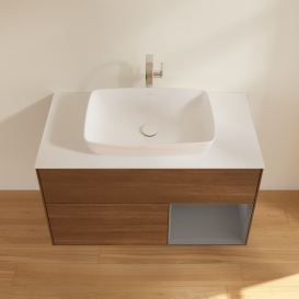 Тумба під раковину Villeroy & Boch Finion 100х50,1 см із підсвічуванням МДФ шпон волоського горіха/скло біле матове G781GKGN