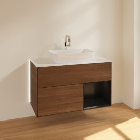 Тумба под раковину Villeroy & Boch Finion 100х50,1 см с подсветкой МДФ шпон грецкого ореха/стекло белое матовое G781PDGN