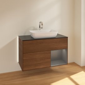 Тумба під раковину Villeroy & Boch Finion 100х50,1 см із підсвічуванням МДФ шпон волоського горіха/скло чорне матове G782GKGN