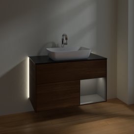 Тумба під раковину Villeroy & Boch Finion 100х50,1 см із підсвічуванням МДФ шпон волоського горіха/скло чорне матове G782GKGN