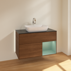 Тумба под раковину Villeroy & Boch Finion 100х50,1 см с подсветкой МДФ шпон грецкого ореха/стекло черное матовое G782GMGN