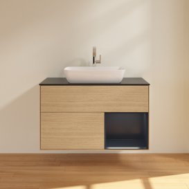 Тумба під раковину Villeroy & Boch Finion 100х50,1 см із підсвічуванням МДФ шпон дуба/скло чорне матове G782HGPC