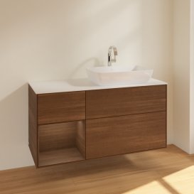 Тумба під раковину Villeroy & Boch Finion 120х50,1 см із підсвічуванням МДФ шпон волоського горіха/скло біле матове F801GNGN