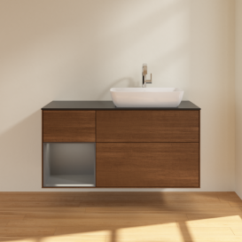 Тумба під раковину Villeroy & Boch Finion 120х50,1 см із підсвічуванням МДФ шпон волоського горіха/скло чорне матове F802GKGN