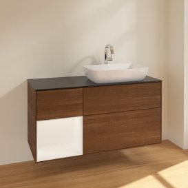 Тумба під раковину Villeroy & Boch Finion 120х50,1 см із підсвічуванням МДФ шпон волоського горіха/скло чорне матове F802MTGN