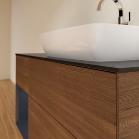 Тумба під раковину Villeroy & Boch Finion 120х50,1 см із підсвічуванням МДФ шпон волоського горіха/скло чорне матове F802HGGN