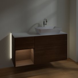 Тумба під раковину Villeroy & Boch Finion 120х50,1 см із підсвічуванням МДФ шпон волоського горіха/скло біле матове G801GNGN