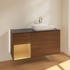 Тумба під раковину Villeroy & Boch Finion 120х50,1 см із підсвічуванням МДФ шпон волоського горіха/скло чорне матове G802HFGN