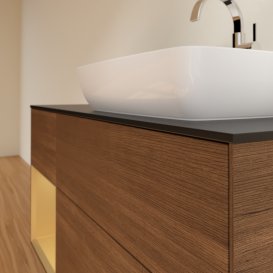 Тумба під раковину Villeroy & Boch Finion 120х50,1 см із підсвічуванням МДФ шпон волоського горіха/скло чорне матове G802HFGN