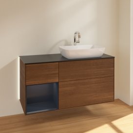 Тумба під раковину Villeroy & Boch Finion 120х50,1 см із підсвічуванням МДФ шпон волоського горіха/скло чорне матове G802HGGN