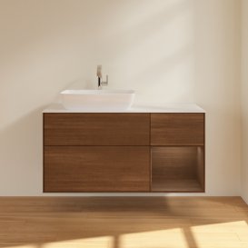 Тумба під раковину Villeroy & Boch Finion 120х50,1 см із підсвічуванням МДФ шпон волоського горіха/скло біле матове F811GNGN