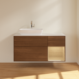 Тумба под раковину Villeroy & Boch Finion 120х50,1 см с подсветкой МДФ шпон грецкого ореха/стекло белое матовое F811PCGN