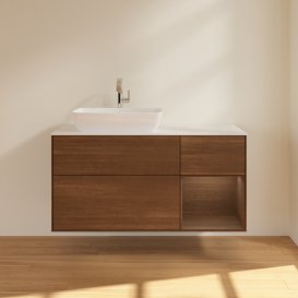 Тумба під раковину Villeroy & Boch Finion 120х50,1 см із підсвічуванням МДФ шпон волоського горіха/скло біле матове G811GNGN