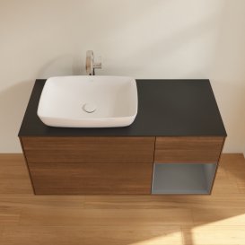 Тумба під раковину Villeroy & Boch Finion 120х50,1 см із підсвічуванням МДФ шпон волоського горіха/скло чорне матове G812GKGN