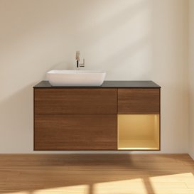 Тумба під раковину Villeroy & Boch Finion 120х50,1 см із підсвічуванням МДФ шпон волоського горіха/скло чорне матове G812HFGN