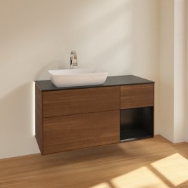 Тумба під раковину Villeroy & Boch Finion 120х50,1 см із підсвічуванням МДФ шпон волоського горіха/скло чорне матове G812PDGN