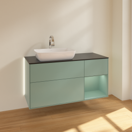 Тумба під раковину Villeroy & Boch Finion 120х50,1 см із підсвічуванням МДФ оливковий матовий лак/скло чорне матове G812GMGM