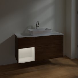 Тумба під раковину Villeroy & Boch Finion 120х50,1 см із підсвічуванням МДФ шпон волоського горіха/скло біле матове F821GFGN