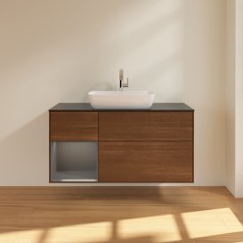 Тумба під раковину Villeroy & Boch Finion 120х50,1 см із підсвічуванням МДФ шпон волоського горіха/скло чорне матове F822GKGN