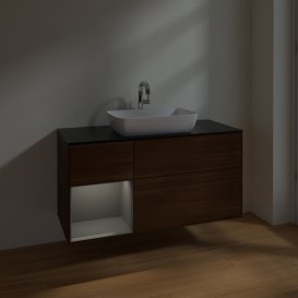 Тумба під раковину Villeroy & Boch Finion 120х50,1 см із підсвічуванням МДФ шпон волоського горіха/скло чорне матове F822GKGN