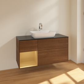 Тумба под раковину Villeroy & Boch Finion 120х50,1 см с подсветкой МДФ шпон грецкого ореха/стекло черное матовое F822HFGN