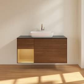 Тумба под раковину Villeroy & Boch Finion 120х50,1 см с подсветкой МДФ шпон грецкого ореха/стекло черное матовое F822HFGN