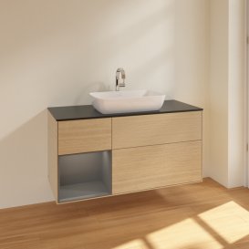 Тумба під раковину Villeroy & Boch Finion 120х50,1 см з підсвічуванням МДФ шпон дуба/скло чорне матове F822GKPC