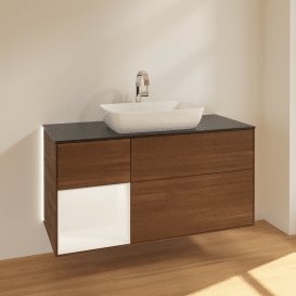 Тумба під раковину Villeroy & Boch Finion 120х50,1 см із підсвічуванням МДФ шпон волоського горіха/скло чорне матове G822MTGN