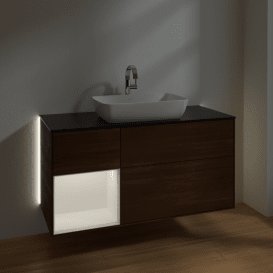 Тумба під раковину Villeroy & Boch Finion 120х50,1 см із підсвічуванням МДФ шпон волоського горіха/скло чорне матове G822MTGN