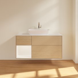 Тумба під раковину Villeroy & Boch Finion 120х50,1 см з підсвічуванням МДФ шпон дуба/скло біле матове G821MTPC