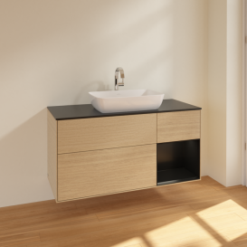 Тумба під раковину Villeroy & Boch Finion 120х50,1 см з підсвічуванням МДФ шпон дуба/скло чорне матове F832PDPC