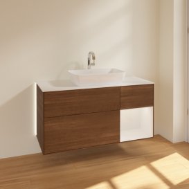 Тумба под раковину Villeroy & Boch Finion 120х50,1 см с подсветкой МДФ шпон грецкого ореха/стекло белое матовое G831GFGN