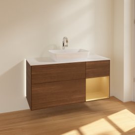 Тумба под раковину Villeroy & Boch Finion 120х50,1 см с подсветкой МДФ шпон грецкого ореха/стекло белое матовое G831HFGN