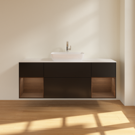 Тумба под раковину Villeroy & Boch Finion 160х50,1 см с подсветкой МДФ черный матовый лак/стекло белое матовое F861GNPD