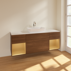 Тумба под раковину Villeroy & Boch Finion 160х50,1 см с подсветкой МДФ шпон грецкого ореха/стекло белое матовое F861HFGN