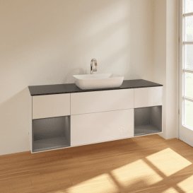 Тумба під раковину Villeroy & Boch Finion 160х50,1 см з підсвічуванням МДФ білий глянцевий лак/скло чорне матове F862GKGF