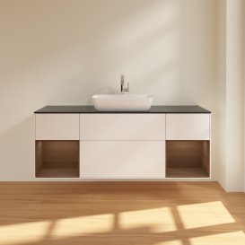 Тумба под раковину Villeroy & Boch Finion 160х50,1 см с подсветкой МДФ белый матовый лак/стекло черное матовое F862GNMT