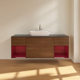 Тумба под раковину Villeroy & Boch Finion 160х50,1 см с подсветкой МДФ шпон грецкого ореха/стекло черное матовое F862HBGN