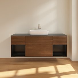 Тумба под раковину Villeroy & Boch Finion 160х50,1 см с подсветкой МДФ шпон грецкого ореха/стекло черное матовое F862PDGN