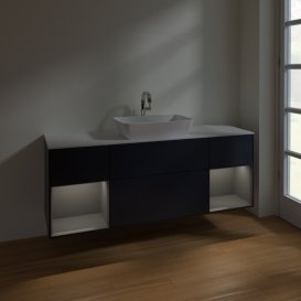 Тумба під раковину Villeroy & Boch Finion 160х50,1 см із підсвічуванням МДФ темно-синій матовий лак/скло біле матове F861GKHG
