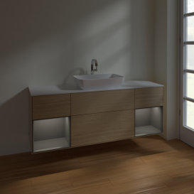 Тумба під раковину Villeroy & Boch Finion 160х50,1 см із підсвічуванням МДФ шпон дуба/скло біле матове F861GKPC