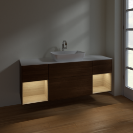 Тумба под раковину Villeroy & Boch Finion 160х50,1 см с подсветкой МДФ шпон грецкого ореха/стекло белое матовое F861PCGN